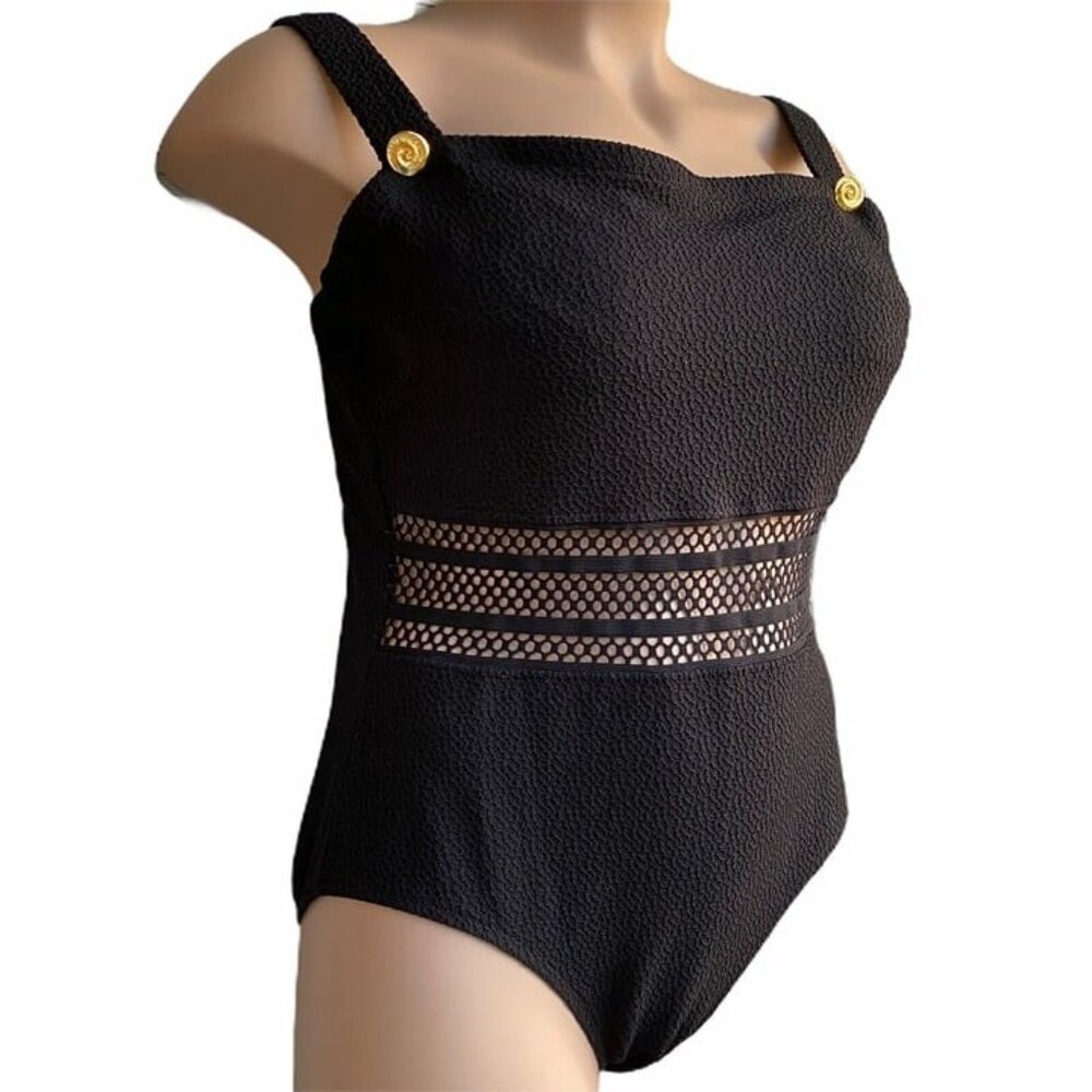 Catalina One Piece Swimsuit Sz 20W Plus Black Crochet Waist Goldtone Btn Vtg 90s - Picture 3 of 11
